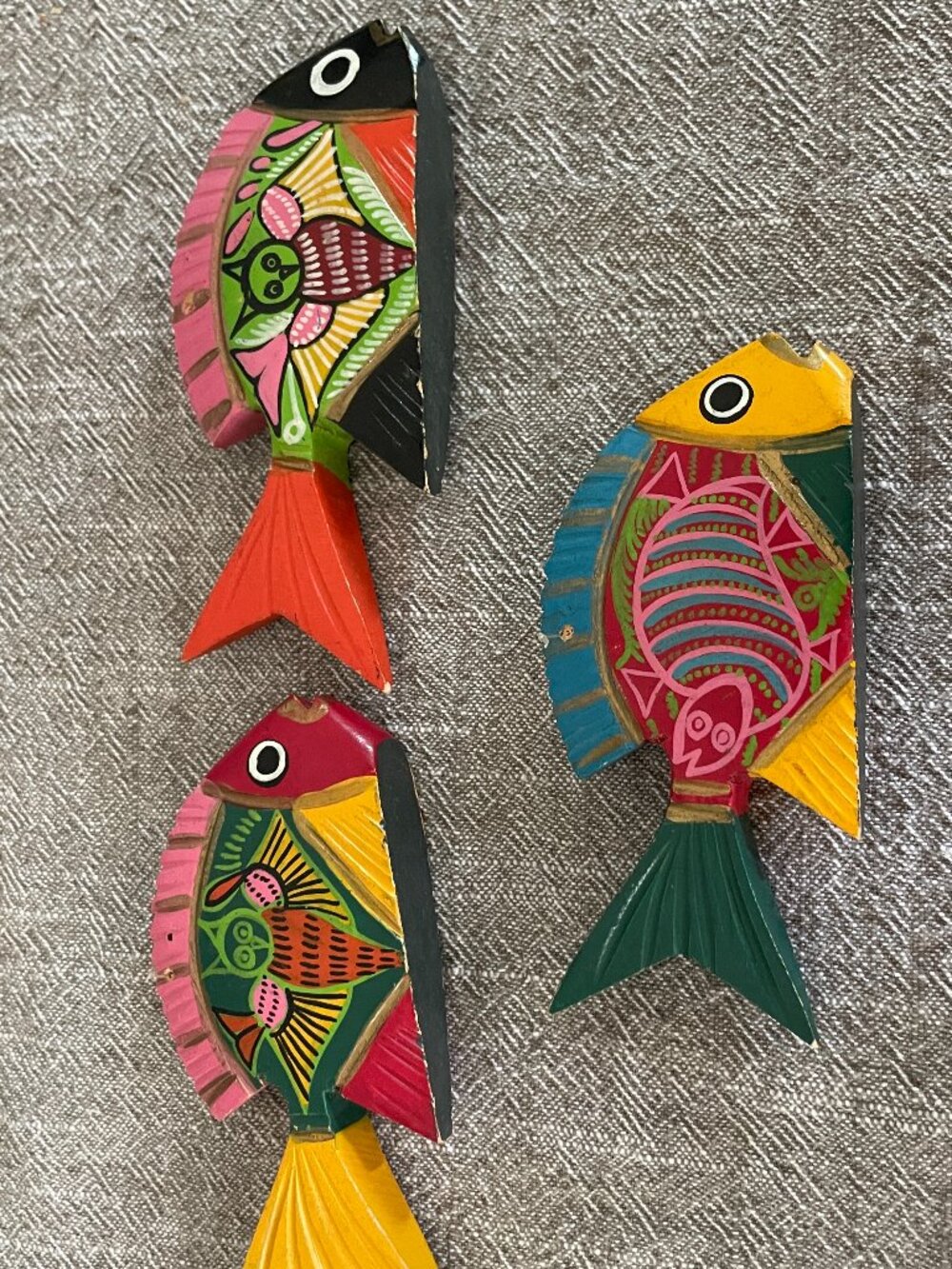 Set of 3 Handmade Wooden Decorative Fish Colorful Tropical 4"